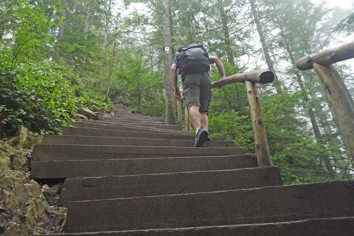 hiker walking up stairs on the grouse grind in vancouver