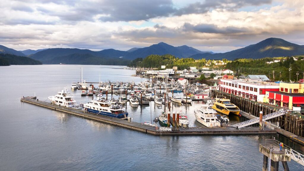 Aerial view of the Cow Bay Marine harbor in Prince Rupert, BC.