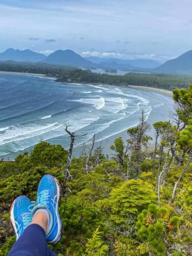 blue running shoes on lookout over tofino