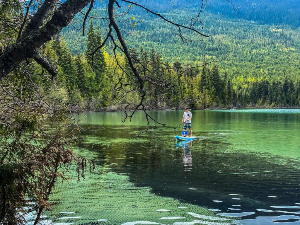 father and son paddle boarding