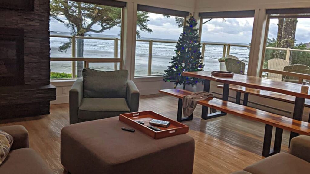 living room with view of ocean