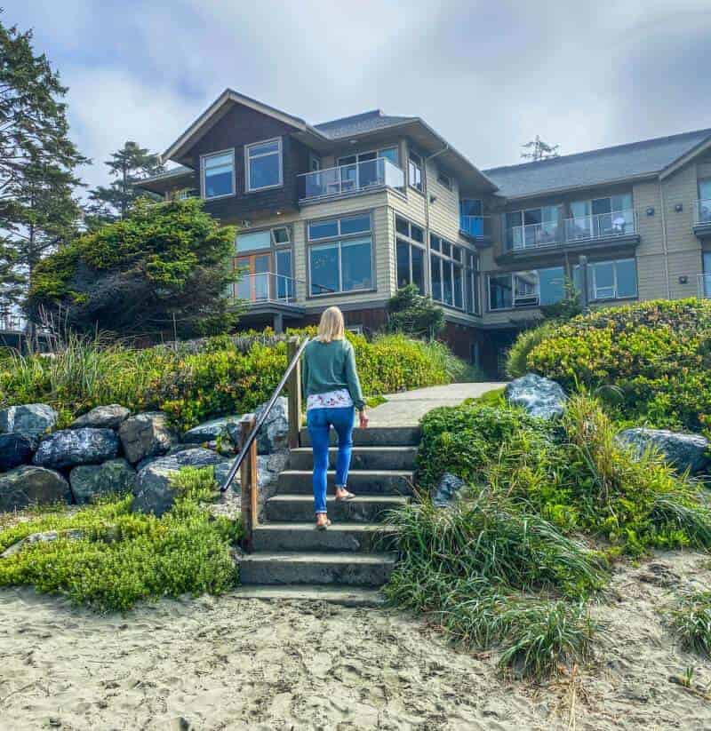 woman walking up steps