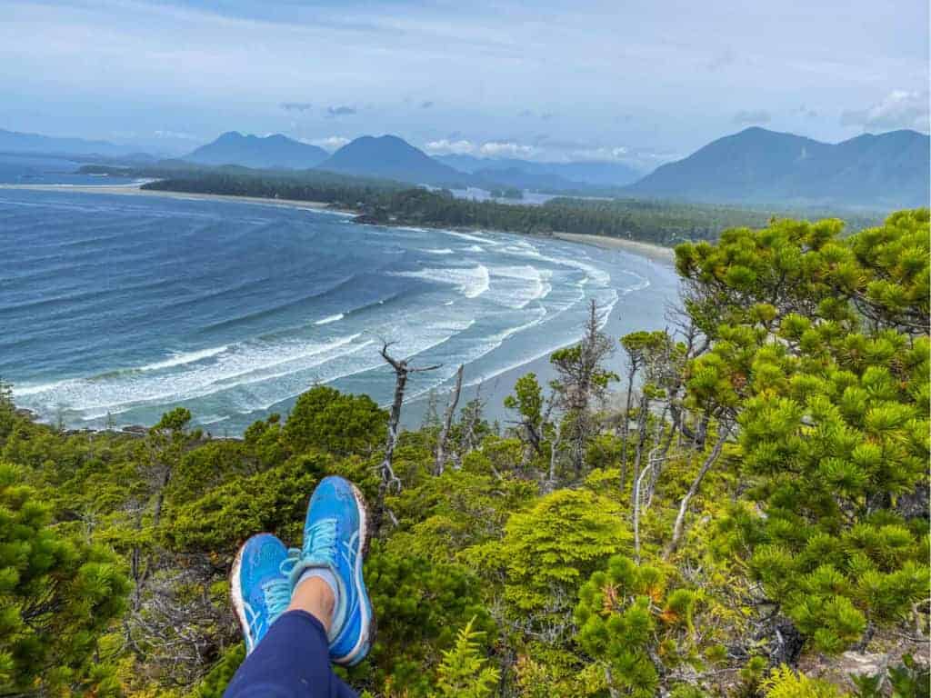 shoes at top of cox bay lookout trail hike