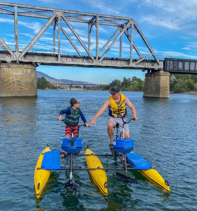 father and son on waterbikes in kamloops