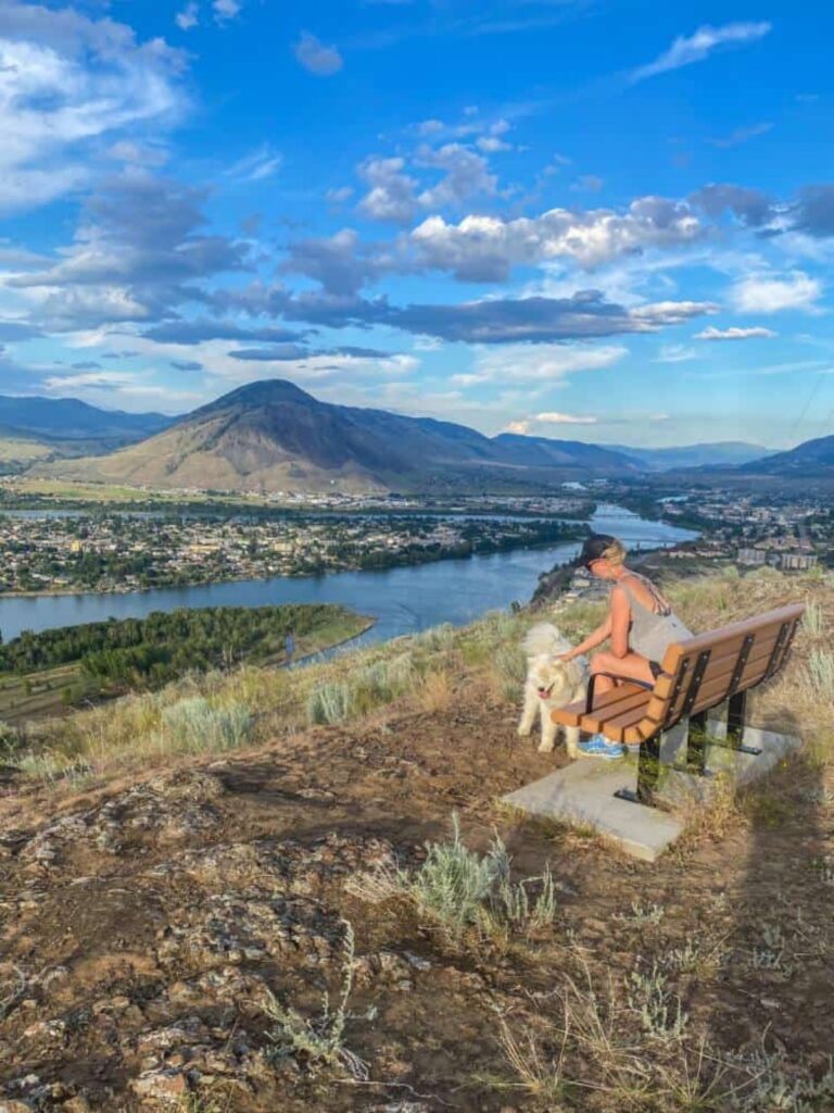 woman with dog on bench